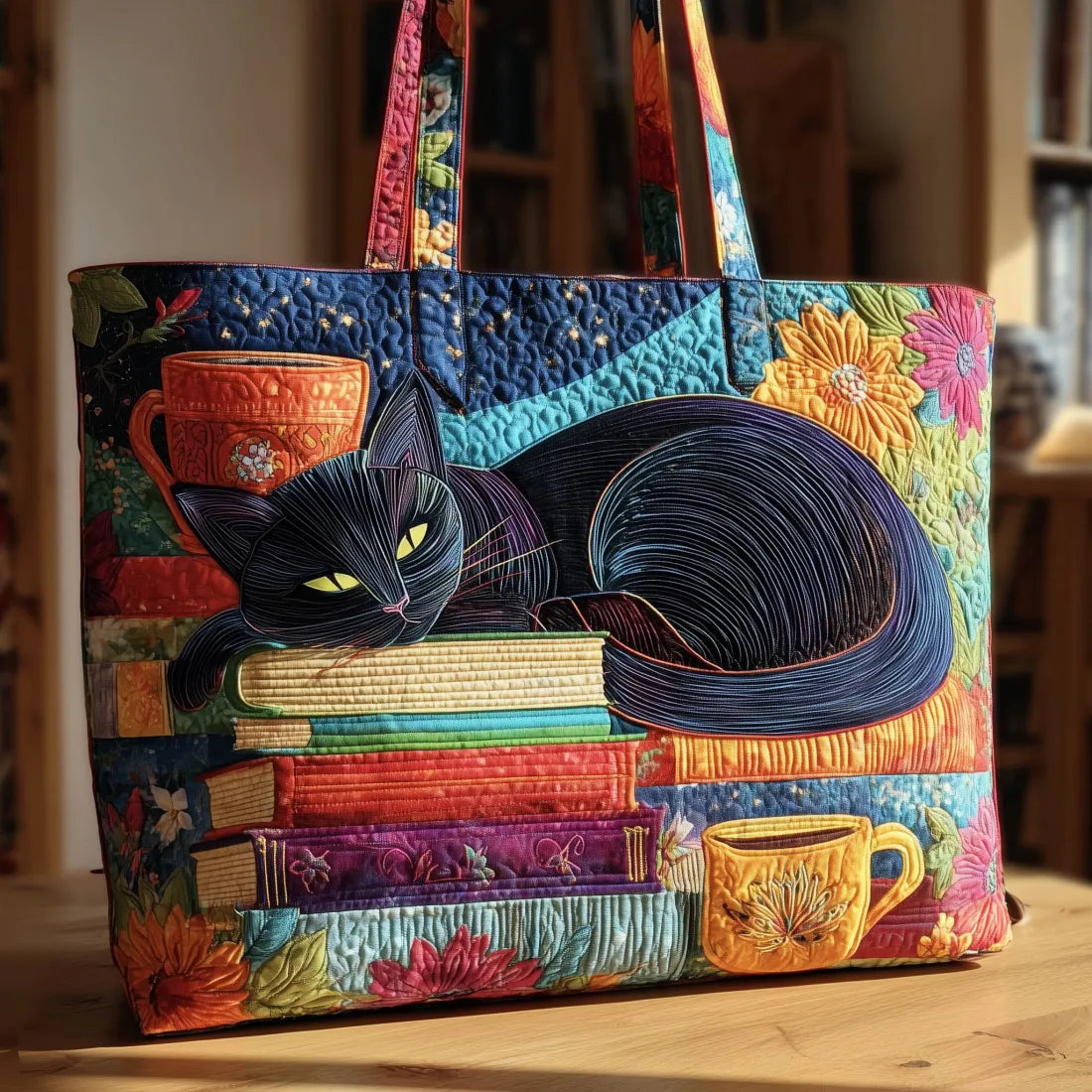 Sac Artisanal - Chat Noir avec Livres et Tasses